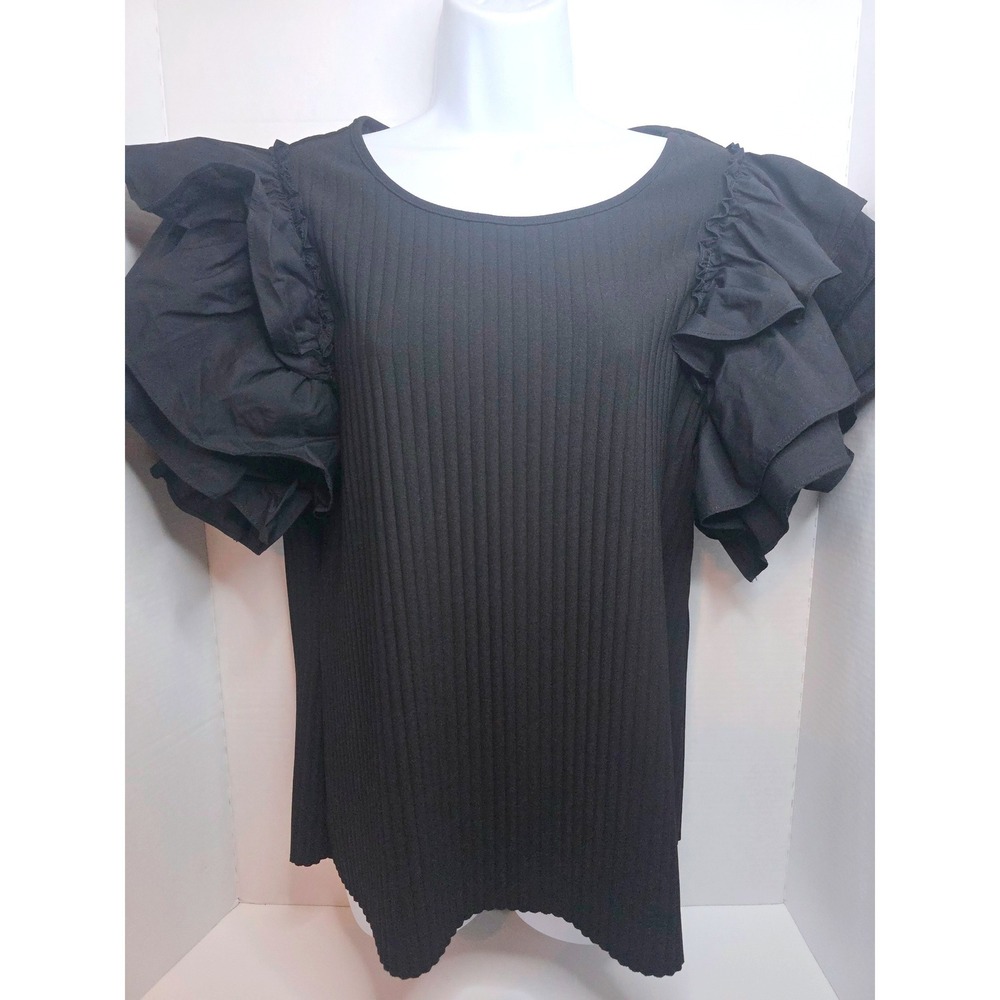 Marc New York Andrew Marc Black Ribbed Ruffle Sleeve Top XL Blouse Pleated Knit